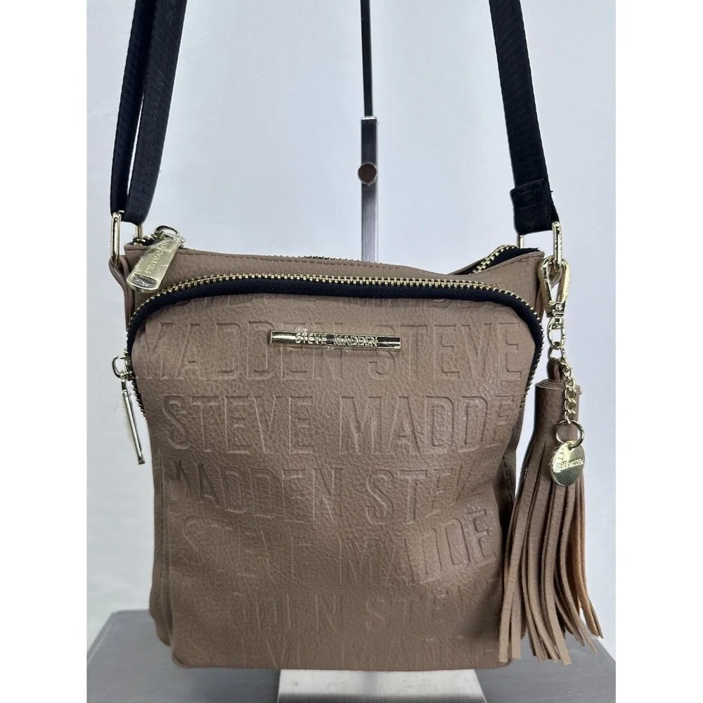 Steve Madden Tan Satchel Crossbody Purse Spell Out Black Gold 9x9‎ Brown